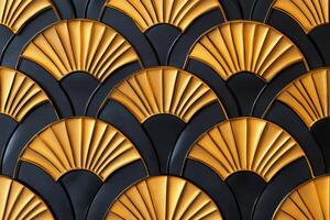 Elegant black and gold art deco geometric pattern featuring symmetrical lines with fan shapes ideal for luxurious invitations and minimalist designs photo