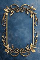 Ornate golden picture frame with intricate floral design set against a deep blue textured background for vintage elegance photo