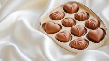 Elegant heart-shaped box of chocolates beautifully arranged on a soft white satin fabric for a romantic occasion or gift presentation photo
