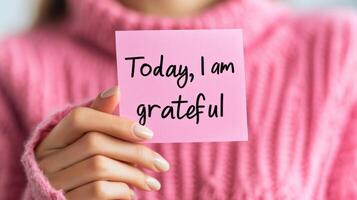 Woman holds a handwritten note expressing gratitude in a warm, inviting setting for personal growth and happiness photo