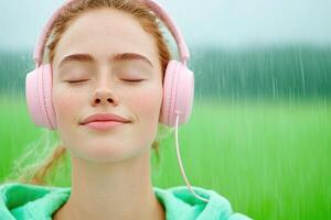Relaxation techniques for self-care with the soothing sound of rain and peaceful expression while listening with headphones photo