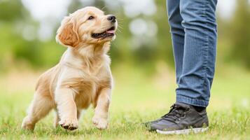 Golden retriever joyfully playing with its owner in a sunny outdoor setting, showcasing a carefree moment of connection and happiness in nature photo