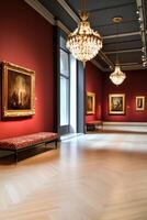 Intriguing vintage art gallery featuring deep red walls and ornate golden frames in a dimly lit ambiance showcasing classic oil paintings photo