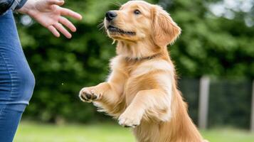 Joyful golden retriever engages in playful interaction with owner in a serene outdoor setting filled with lush greenery photo