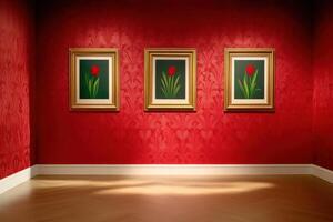 Vintage art gallery featuring deep red walls and ornate gold frames enhancing classic oil paintings creating an atmosphere of mystery and passion photo