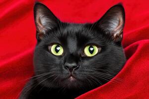 Captivating close-up of a black cat with striking green eyes resting elegantly on rich red velvet fabric under soft lighting photo