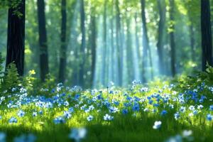 Enchanted spring forest with a vibrant carpet of blooming wildflowers under soft sunlight photo