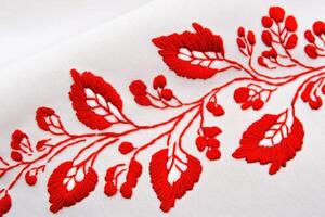 Traditional red embroidery features intricate floral and geometric patterns on white linen showcasing folk art craftsmanship photo