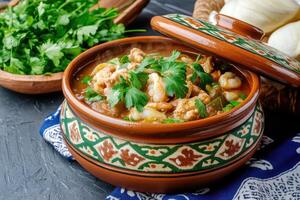 Steaming pot of seafood stew with fresh herbs and vegetables in a traditional earthenware container showcasing home-cooked warmth photo