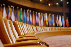 Conference stage at an international summit featuring multiple flags in a grand diplomatic setting with elegant seating arrangements photo