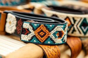 Traditional Indigenous beaded belt showcasing ancestral patterns in rich earthy colors displayed on soft leather background photo