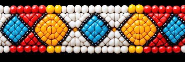 Intricate Indigenous beadwork featuring vibrant geometric patterns of red, blue, and yellow showcasing rich cultural heritage and detailed craftsmanship unique to native artisans photo