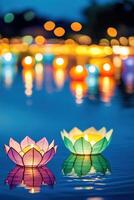 Vibrant lanterns of different colors illuminate a serene lake under a deep blue night sky, symbolizing celebration and unity among communities photo