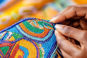 Indigenous artisan meticulously weaving vibrant beadwork, showcasing the artistry and deep cultural significance of traditional craftsmanship in a colorful setting photo