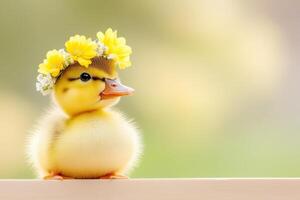 Duckling in a flower crown explores a bright spring day on a wooden surface in a charming meadow setting photo