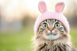 Curious tabby cat wearing a bunny hat enjoys sunlit spring day on a rustic wooden table in a meadow photo