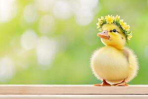 Curious duckling wearing a flower crown stands on a wooden surface surrounded by a soft-focus spring meadow photo