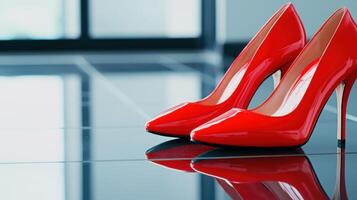 Stylish cherry-colored high heels create a bold statement on a glossy black floor showcasing high fashion and elegance photo