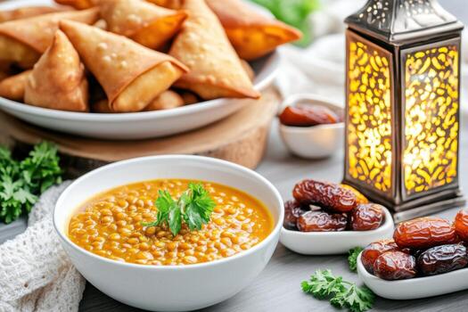 Warm and inviting Ramadan Iftar spread featuring lentil soup, samosas, and dates arranged on a rustic table with a glowing lantern photo