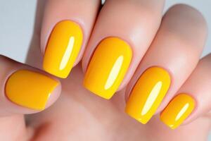 Elegant butter yellow nails with glossy finish highlight modern nail aesthetics in a soft-focus setting photo