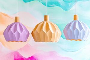 Modern lavender-colored pendant lamp with geometric design against a soft pastel background photo