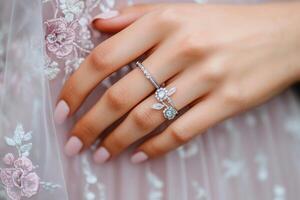 Intricate silver rings accent a womans hand adorned with delicate embroidery in a sheer dusty rose gown under soft moody lighting photo
