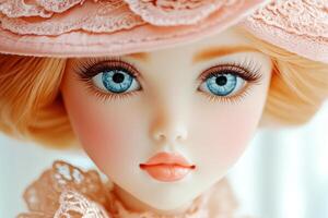 Delicate porcelain doll features intricate vintage details with soft warm lighting and elegant nostalgic composition photo