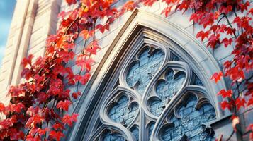 Stunning autumn ivy envelops historic gothic building adorned with vivid red leaves under moody cinematic lighting photo