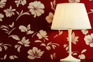 Elegant dusty cedar wallpaper adorned with floral patterns and a vintage table lamp enhances a warm, moody ambiance in a classic interior setting photo