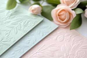 Elegantly designed wedding invitation suite in muted pastels featuring floral motifs and soft textures for a dreamy celebration photo