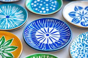 Vibrant Mediterranean ceramics highlight artisan craftsmanship in hand-painted plates featuring intricate patterns and warm earthy tones photo