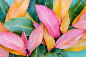 Vibrant tropical plants with pink and orange leaves create a dreamy atmosphere in warm sunlight photo