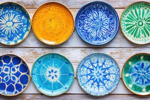 Vibrant Mediterranean ceramics featuring hand-painted plates with intricate patterns and warm earthy tones showcasing artisan craftsmanship photo