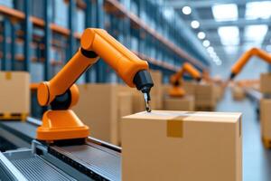 Automated warehouse storage system featuring robotic arms and conveyor belts for advanced logistics photo