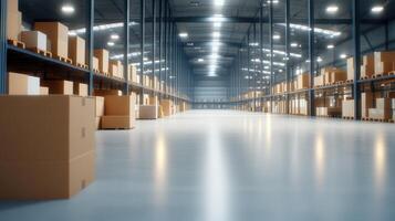 Modern logistics hub with organized storage, high metal racks, and efficient lighting designed for optimized warehousing solutions photo