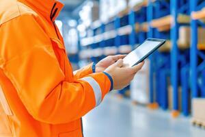 Warehouse worker using a tablet for inventory management in a modern logistics facility to enhance e-commerce efficiency photo