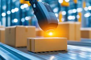 Close-up of a barcode scanner efficiently tracking packages in a high-tech logistics environment photo