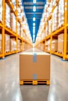 Efficient logistics workflow in a spacious warehouse with a forklift lifting pallets during operational hours photo