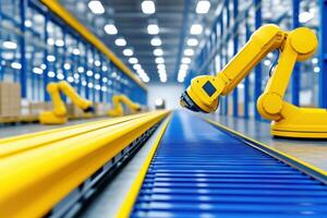 Advanced automated warehouse system utilizing robotic arms and conveyor belts for efficient logistics operations in a modern industrial environment photo