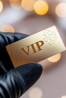 Displaying a luxurious golden VIP membership card elegantly held by a hand in a sleek black glove, perfectly illuminated for a high-class ambiance photo