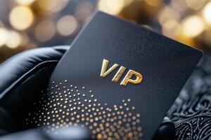 Elegant golden VIP membership card displayed by a gloved hand in dramatic lighting for a luxurious atmosphere photo