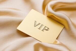 Golden VIP access card resting elegantly on silk fabric, symbolizing luxury and exclusivity with soft reflections showcasing elite branding photo