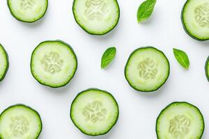 Sliced cucumber arranged in a geometric pattern creates a fresh and hydrating food aesthetic for a minimalistic composition photo