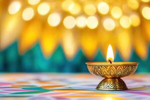 Traditional Nilavilakku brass lamp radiates warmth amidst a vibrant Pookalam, creating a divine and festive atmosphere photo