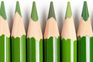 Collection of green pencils arranged in a straight line showcasing sharp tips and smooth wooden texture for creative projects and artistic expressions photo