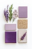 Modern mood board showcasing a blend of matte and glossy textures with floral details and a soft color palette photo
