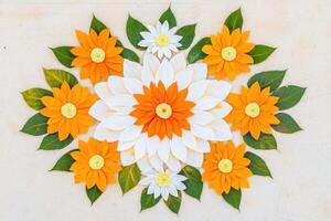 Intricate Pookalam design showcased in a temple courtyard during the vibrant Onam celebration with festive floral patterns and a serene atmosphere photo