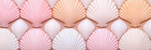 Elegant seashell pattern in soft beige and pastel pink with intricate embossed texture and subtle metallic highlights for a refined ocean-inspired design photo