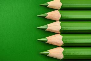 Collection of green pencils arranged in a row showcasing sharp tips and smooth wooden texture perfect for artists and creative projects photo