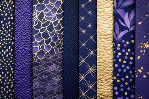 Luxury packaging concepts featuring metallic gold textures and deep violet suede with elegant calligraphy samples for high-end design inspiration photo